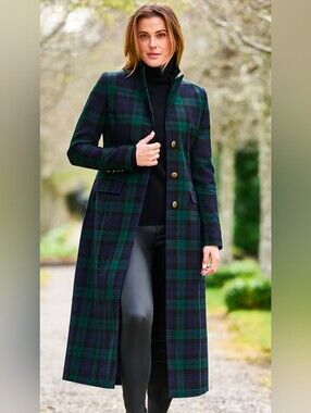 CHARTOU Women's Small Tartan Plaid Long Dress Coat Green Navy